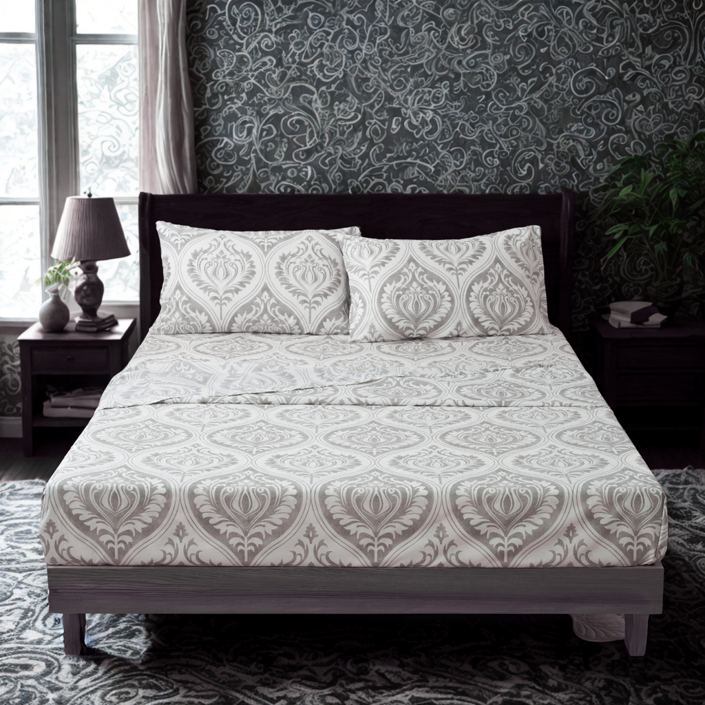 Dreamy Moon Sky Ogee Damask Heather Gray White Bed Sheet Set