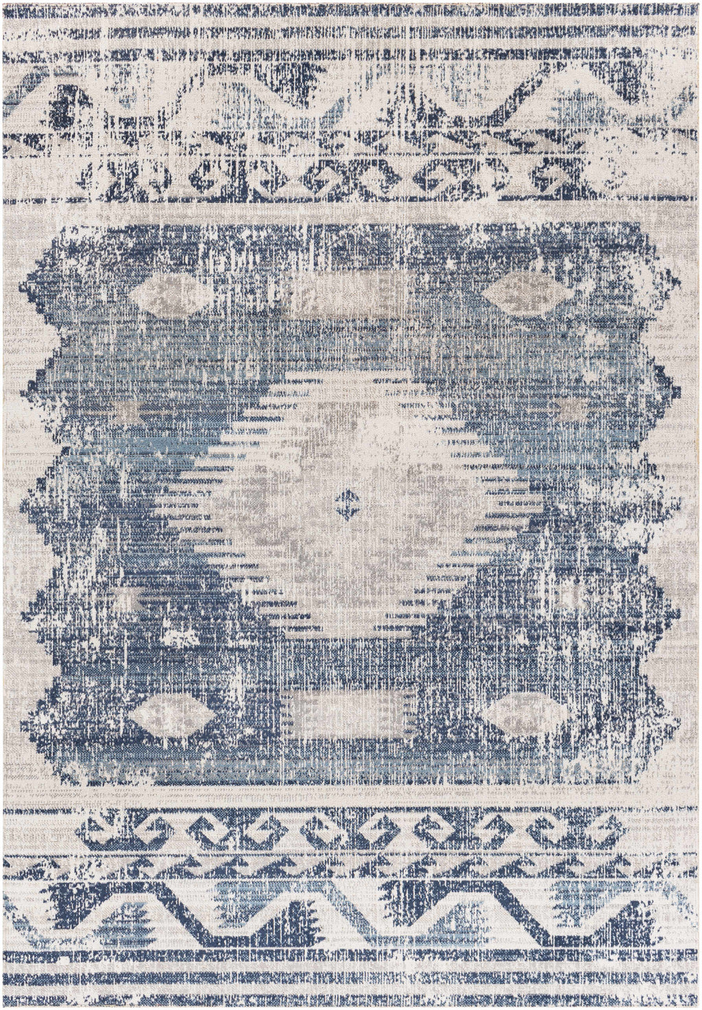 Westmount Denim Aztec Rug - Low Pile featuring a distressed navy and ivory Aztec pattern. Machine woven for durability and style.