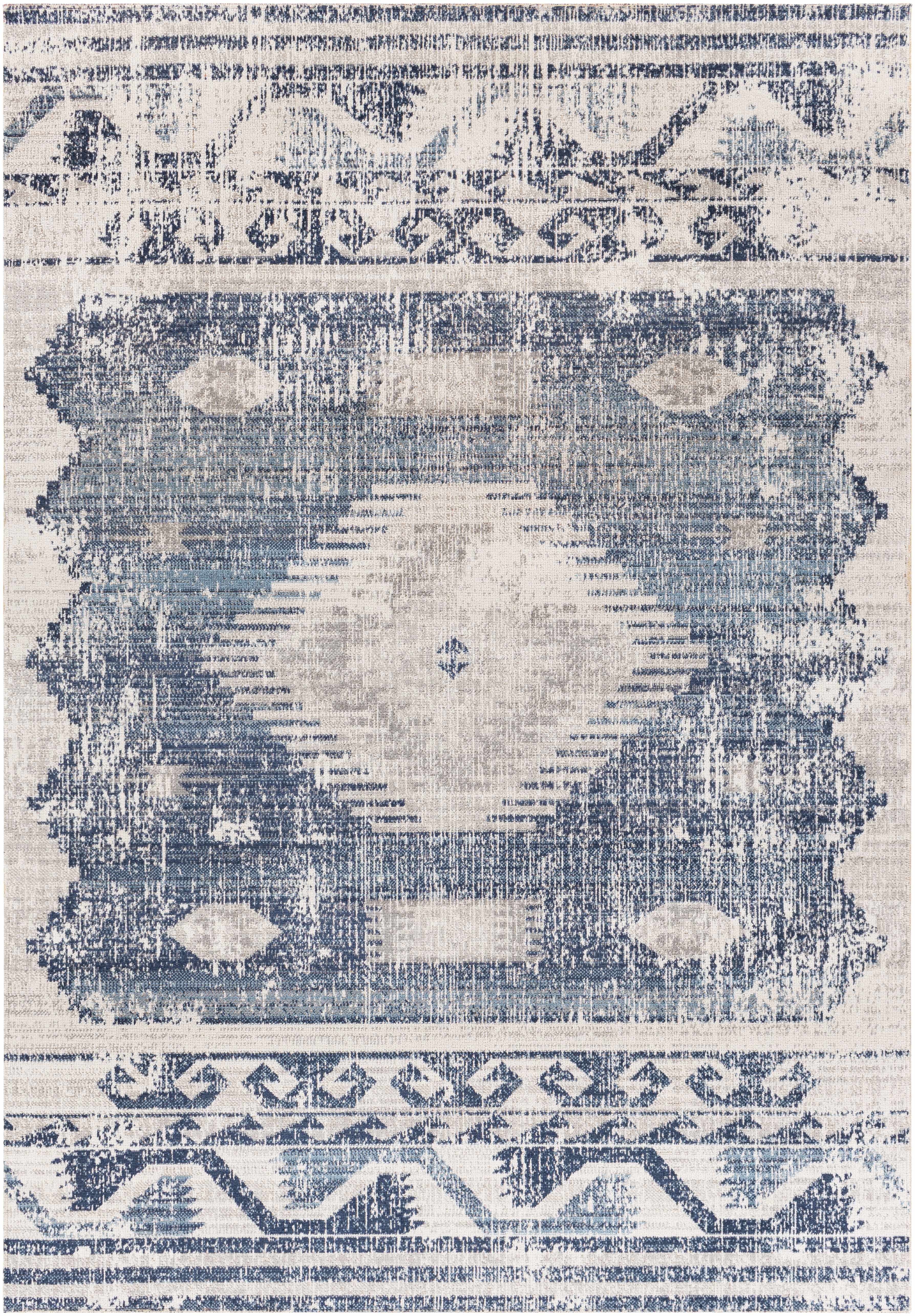Westmount Denim Aztec Rug - Low Pile featuring a distressed navy and ivory Aztec pattern. Machine woven for durability and style.